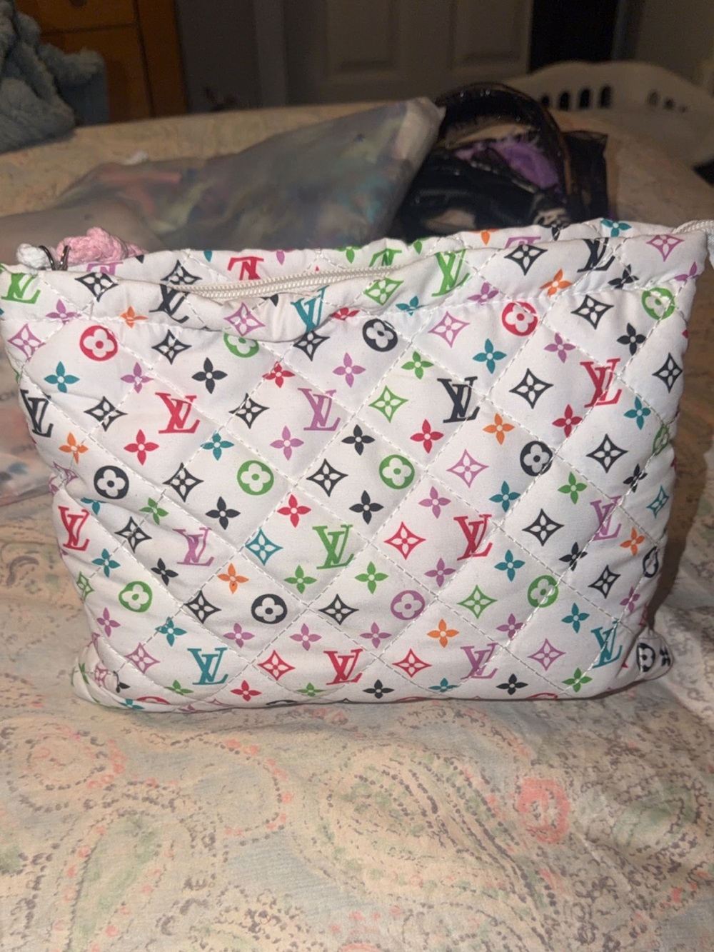 Fashion Brand Company White Quilted Cosmetic Bag with Multicolor Logo Print